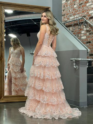 A Line Off the Shoulder Corset Prom Dress with Lace Ruffles