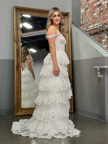 A Line Off the Shoulder Corset Prom Dress with Lace Ruffles