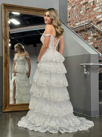 A Line Off the Shoulder Corset Prom Dress with Lace Ruffles