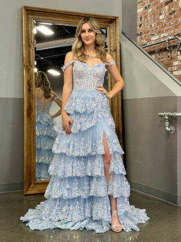 A Line Off the Shoulder Corset Prom Dress with Lace Ruffles