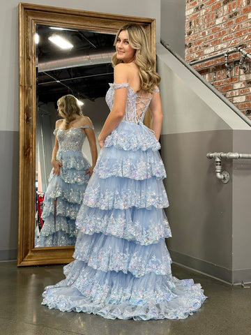 A Line Off the Shoulder Corset Prom Dress with Lace Ruffles