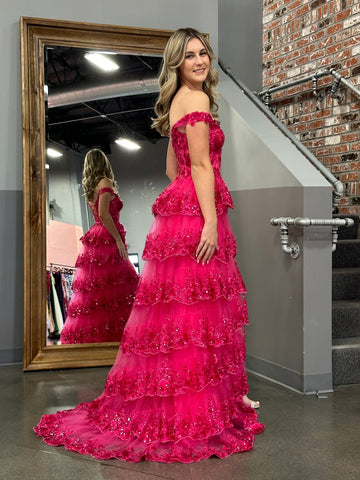 A Line Off the Shoulder Corset Prom Dress with Lace Ruffles