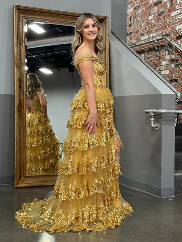 A Line Off the Shoulder Corset Prom Dress with Lace Ruffles