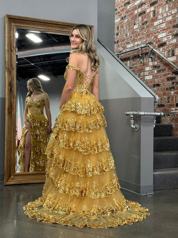 A Line Off the Shoulder Corset Prom Dress with Lace Ruffles