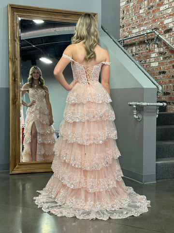 A Line Off the Shoulder Corset Prom Dress with Lace Ruffles