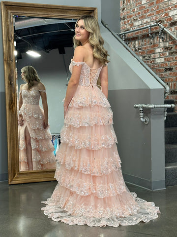 A Line Off the Shoulder Corset Prom Dress with Lace Ruffles