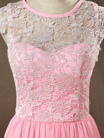 Robe de demoiselle d'honneur trapèze/princesse en mousseline de soie, col rond, manches courtes et dentelle assortie 