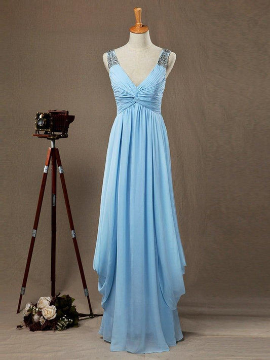 Numbersea Sheath / Column V-neck Floor Length Chiffon Prom Evening Dress with Side Draping Criss Cross Beading