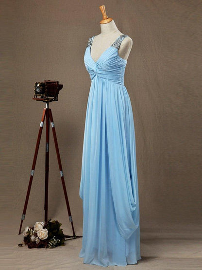 Numbersea Sheath / Column V-neck Floor Length Chiffon Prom Evening Dress with Side Draping Criss Cross Beading