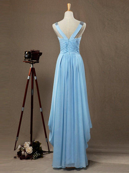 Numbersea Sheath / Column V-neck Floor Length Chiffon Prom Evening Dress with Side Draping Criss Cross Beading