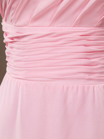 Vestido de dama de honor de gasa con corte en A, un hombro, largo hasta el suelo, con cinturón ancho y vestidos de fiesta 