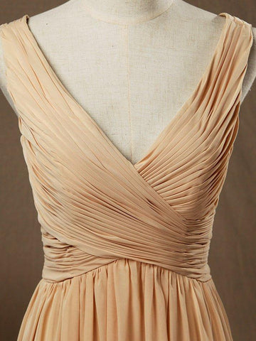 Robe de demoiselle d'honneur en mousseline de soie, coupe trapèze/princesse, col en V, longueur au sol, avec plis croisés et fronces 