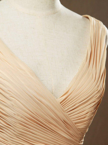 Robe de demoiselle d'honneur en mousseline de soie, coupe trapèze/princesse, col en V, longueur au sol, avec plis croisés et fronces 