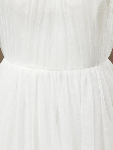 A-Line Jewel Neck Floor Length Tulle Bridesmaid Dress See Through with Pleats