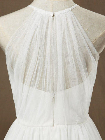 A-Line Jewel Neck Floor Length Tulle Bridesmaid Dress See Through with Pleats