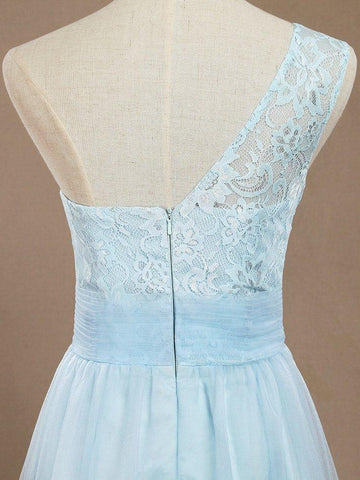 Robe de demoiselle d'honneur trapèze asymétrique en mousseline de soie et dentelle avec plis 