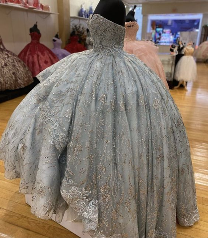 Robe de bal sans manches à fleurs bleu fumé faites main, ornée d'appliqués, pour les 16 ans (Y6294)