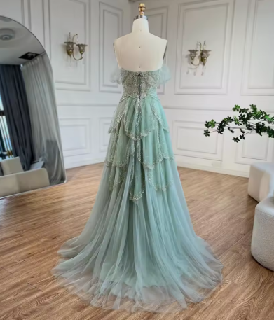 Robe de soirée vert sauge, coupe trapèze, épaules dénudées, en tulle orné de perles, Y8157