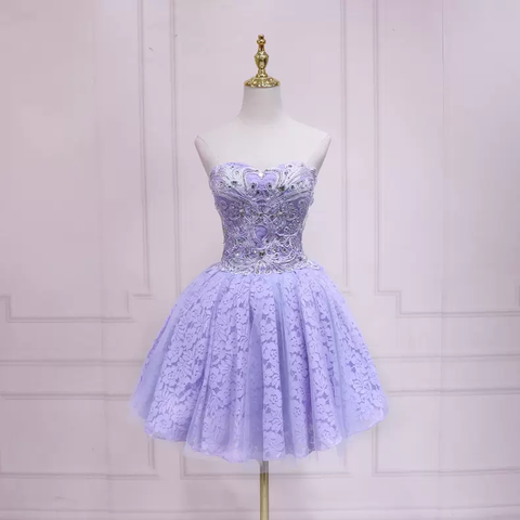 Vestido corto de encaje morado para baile de bienvenida, sin tirantes, talla 37