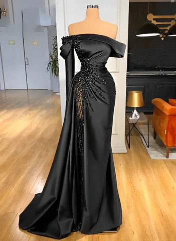 Robe de bal fourreau en satin noir orné de perles, épaules dénudées, robe longue de soirée Y8030
