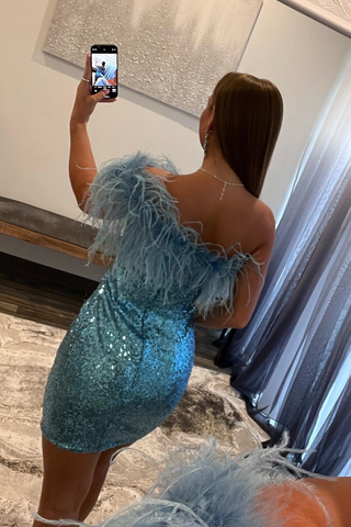 Robe de bal moulante bleue à sequins asymétrique Y2728