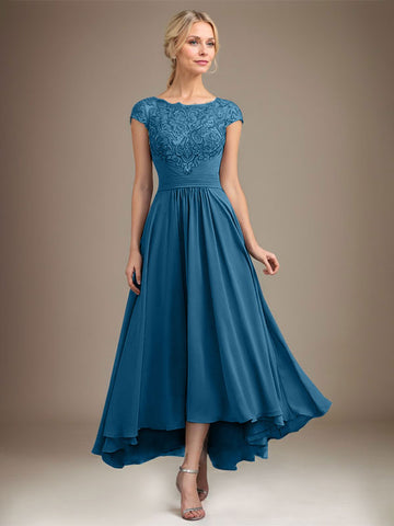 A-line Scoop Illusion Asymmetrical Lace Chiffon Mother of the Bride Dress With Pleated