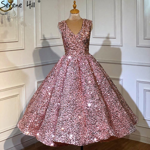 Indigo Blue Gold V-Neck Luxury Evening Dresses 2025 Sleeveless Sequined Sexy Ankle-Length Formal Gowns HA2154