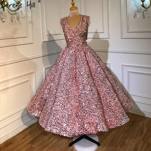 Indigo Blue Gold V-Neck Luxury Evening Dresses 2025 Sleeveless Sequined Sexy Ankle-Length Formal Gowns HA2154