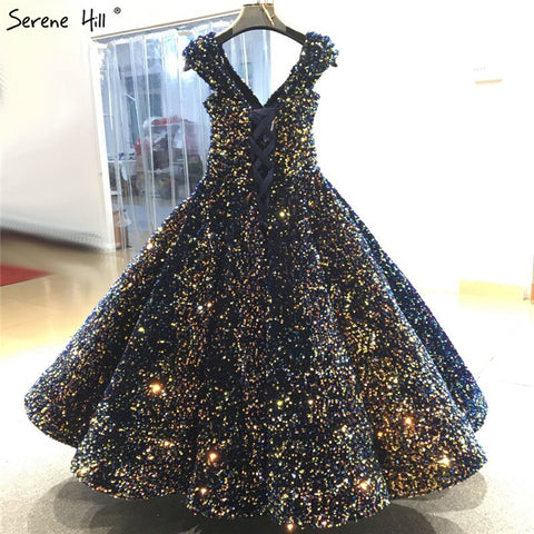 Indigo Blue Gold V-Neck Luxury Evening Dresses 2025 Sleeveless Sequined Sexy Ankle-Length Formal Gowns HA2154