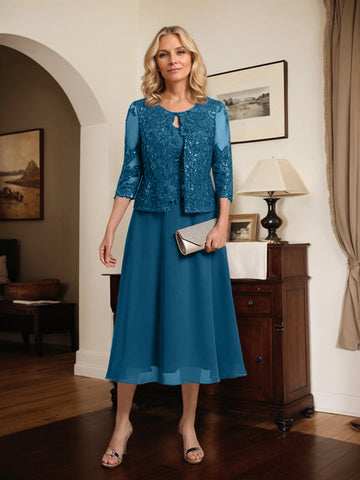 A-line Scoop Tea-Length Lace Chiffon Mother of the Bride Dress With Sequins