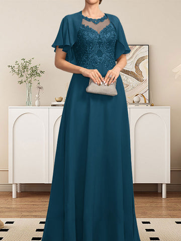 A-line Scoop Illusion Floor-Length Lace Chiffon Mother of the Bride Dress With Sequins