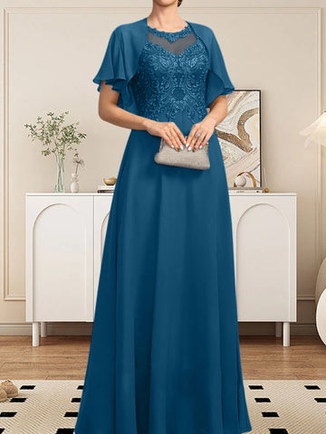 A-line Scoop Illusion Floor-Length Lace Chiffon Mother of the Bride Dress With Sequins