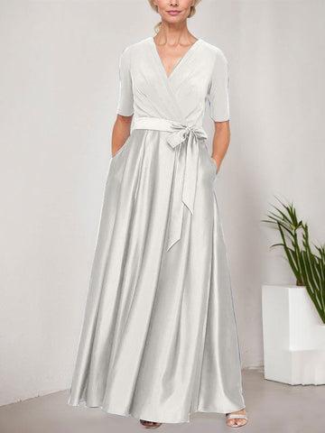 Surplice Neckline Ballgown with Full Satin Skirt & Jersey Bodice