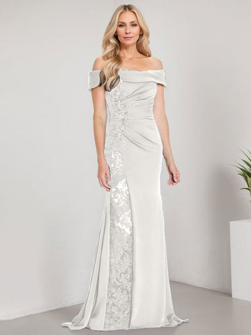 A-Line Off the Shoulder Floor-Length Mother of the Bride Dress Applique Beadings Mermaid Dress With  High Split