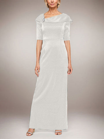 Long Shimmer Column Dress with Foldover Cuff L-Neckline and Elbow Sleeves