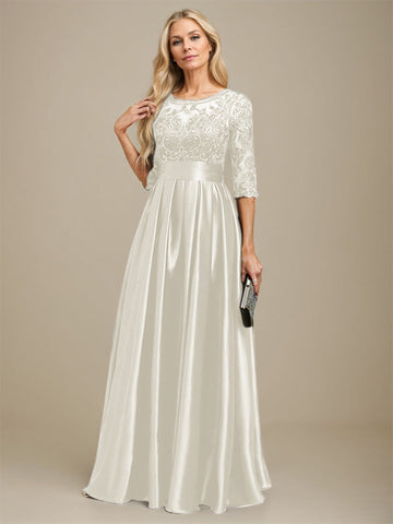 A-line Scoop Illusion Floor-Length Stretch Satin Lace Mother of the Bride Dress With Bow Sequins