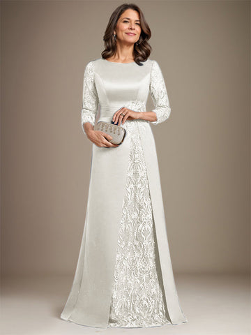 A-Line Scoop Floor-Length Lace Satin Mother Of the Bride Dress With Applique