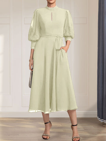 A-line High Neck Tea-Length Lace Chiffon Mother of the Bride Dress With Bow