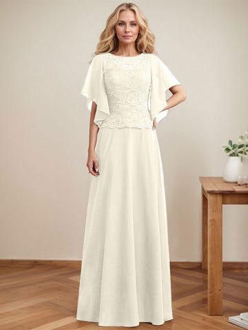 A-line Scoop Illusion Floor-Length Lace Chiffon Mother of the Bride Dress With Sequins