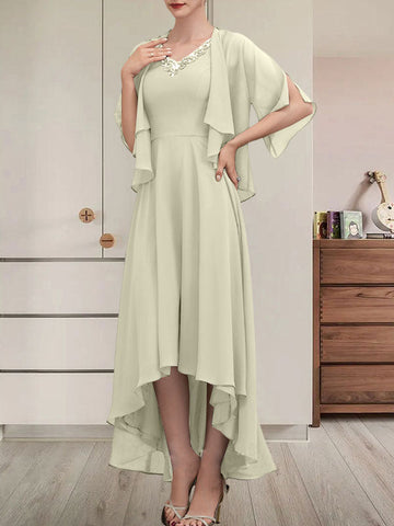 A-line V-Neck Asymmetrical Chiffon Mother of the Bride Dress With Beading Sequins
