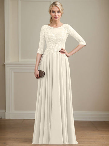 A-line Scoop Illusion Floor-Length Lace Chiffon Mother of the Bride Dress With Sequins