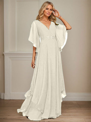 A-line V-Neck Floor-Length Chiffon Mother of the Bride Dress With Sequins Appliques Lace Beading