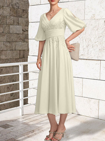A-line V-Neck Tea-Length Lace Chiffon Mother of the Bride Dress With Pleated