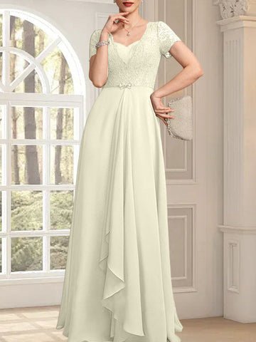 A-line Sweetheart Floor-Length Chiffon Lace Mother of the Bride Dress With Beading Cascading Ruffles