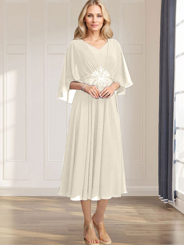 A-line V-Neck Tea-Length Chiffon Mother of the Bride Dress With Pleated Sequins Appliques Lace Beadind