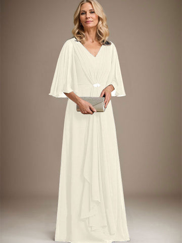 A-line V-Neck Floor-Length Chiffon Mother of the Bride Dress With Cascading Ruffles Crystal Brooch