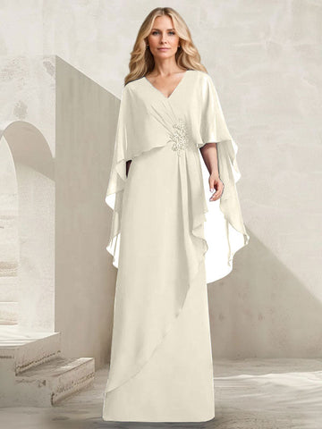 A-line V-Neck Floor-Length Chiffon Mother of the Bride Dress With Cascading Ruffles Beading