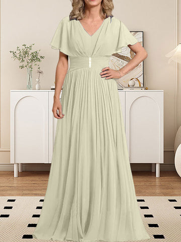A-line V-Neck Floor-Length Chiffon Mother of the Bride Dress With Crystal Brooch Pleated