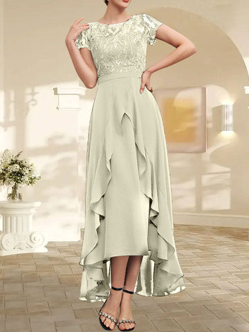 A-line Scoop Illusion Asymmetrical Chiffon Lace Mother of the Bride Dress With Bow Ruffle Sequins