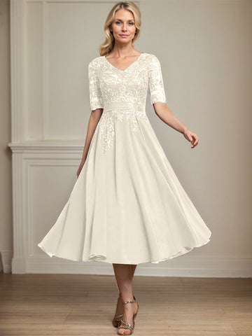 A-line V-Neck Tea-Length Lace Chiffon Mother of the Bride Dress With Sequins
